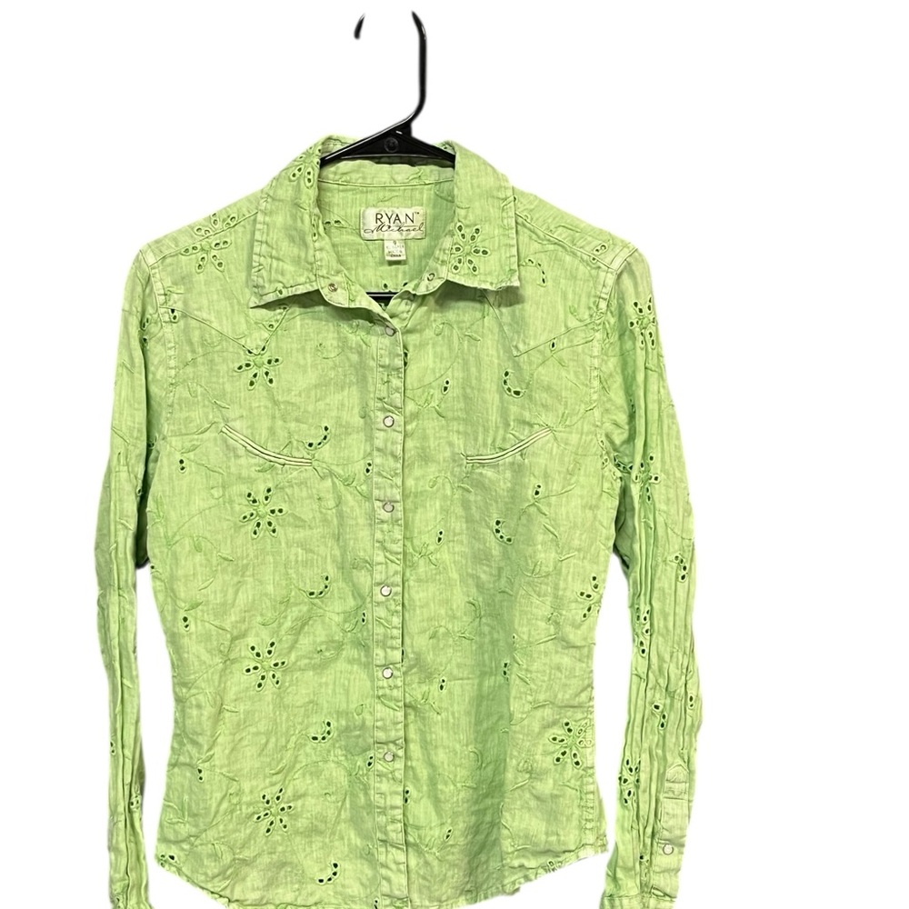 Ryan Michael linen Western shirt S lime green eyelet embroidered pearl snap